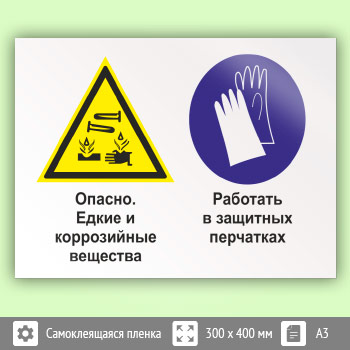 Знак «Опасно - едкие и коррозийные вещества. Работать в защитных перчатках», КЗ-36